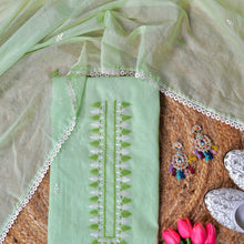 Meadow Dori Bloom – Green Mulmul Chanderi Unstitched Resham & Dori Embroidered Suit Set