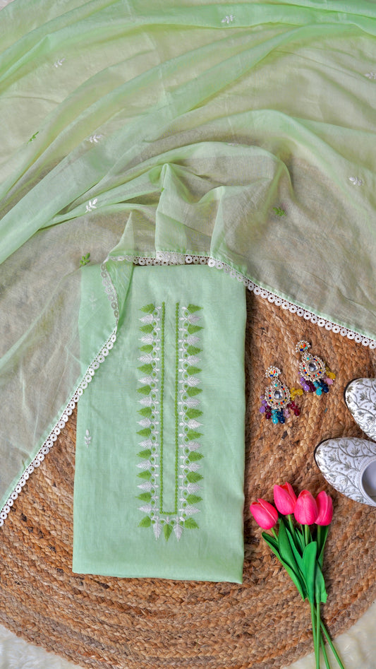 Meadow Dori Bloom – Green Mulmul Chanderi Unstitched Resham & Dori Embroidered Suit Set