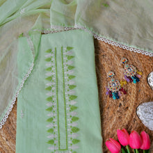 Meadow Dori Bloom – Green Mulmul Chanderi Unstitched Resham & Dori Embroidered Suit Set