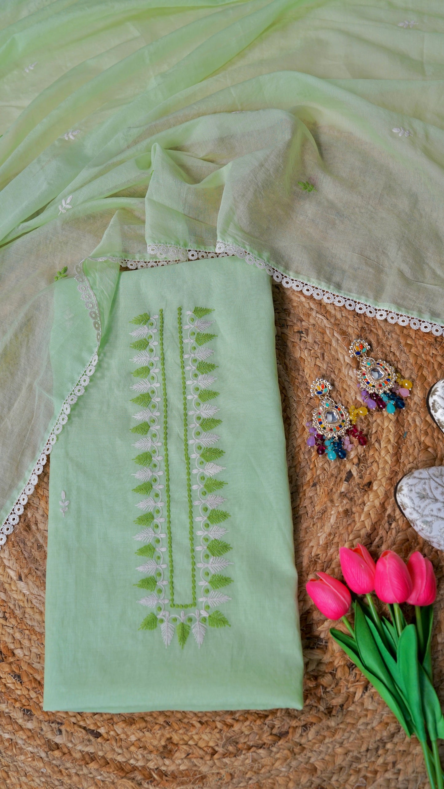 Meadow Dori Bloom – Green Mulmul Chanderi Unstitched Resham & Dori Embroidered Suit Set