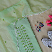 Meadow Dori Bloom – Green Mulmul Chanderi Unstitched Resham & Dori Embroidered Suit Set