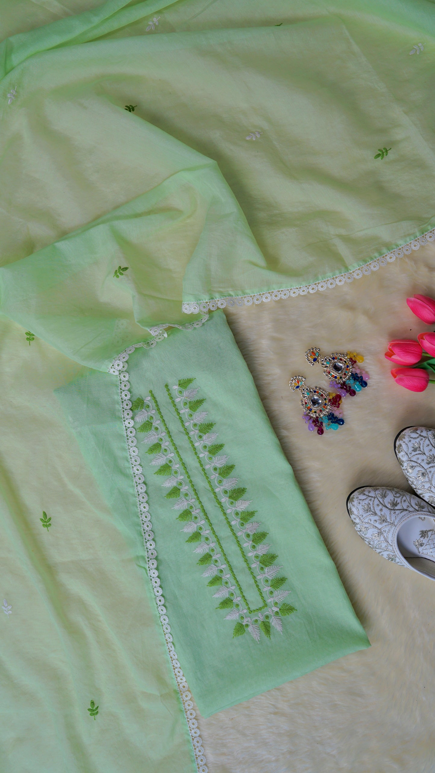 Meadow Dori Bloom – Green Mulmul Chanderi Unstitched Resham & Dori Embroidered Suit Set