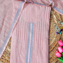 Peach Pearl Whim – Peach Mulmul Chanderi Unstitched Thread & Appliqué Embroidered Suit Set