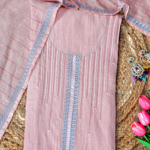 Peach Pearl Whim – Peach Mulmul Chanderi Unstitched Thread & Appliqué Embroidered Suit Set