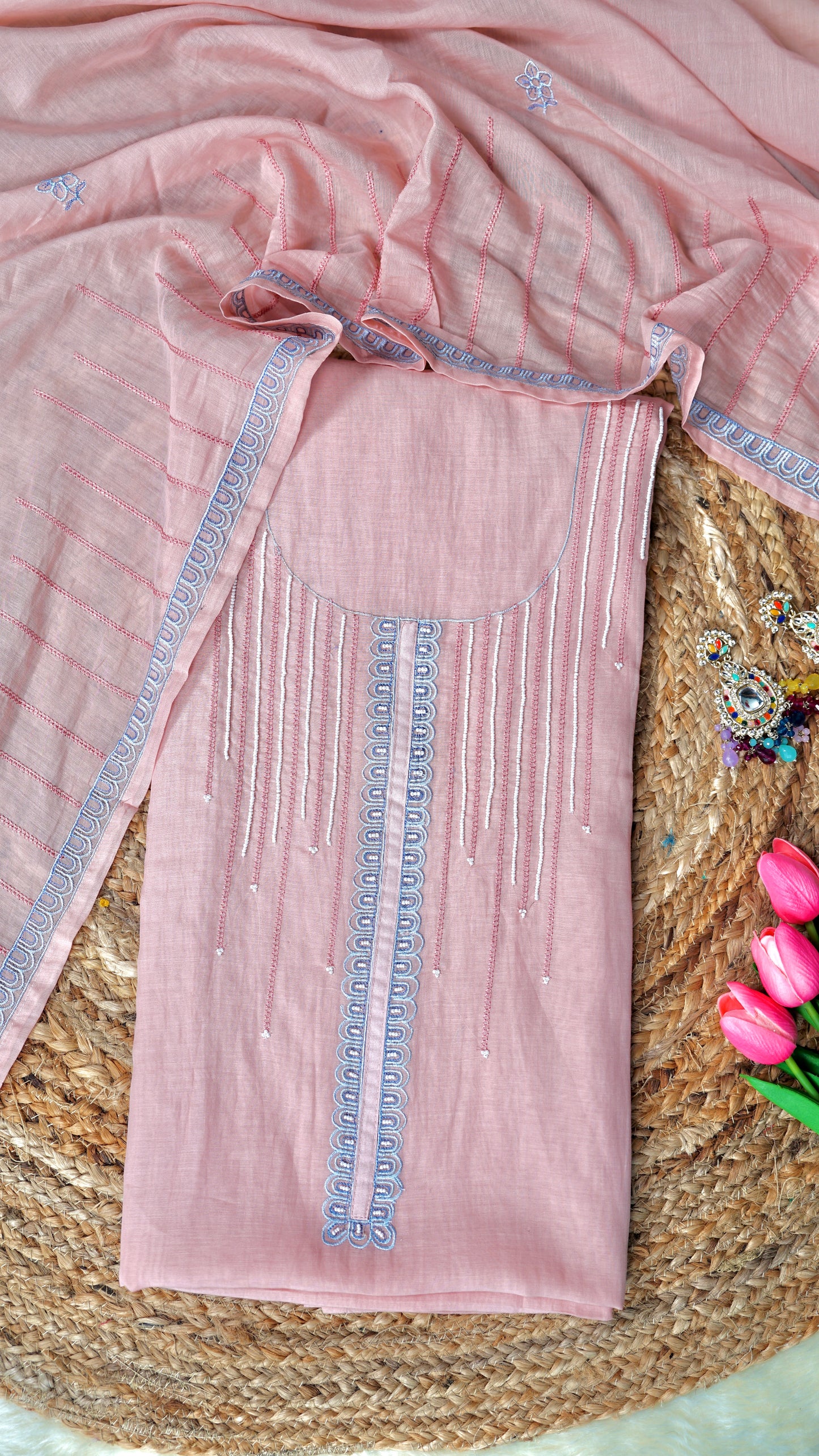 Peach Pearl Whim – Peach Mulmul Chanderi Unstitched Thread & Appliqué Embroidered Suit Set