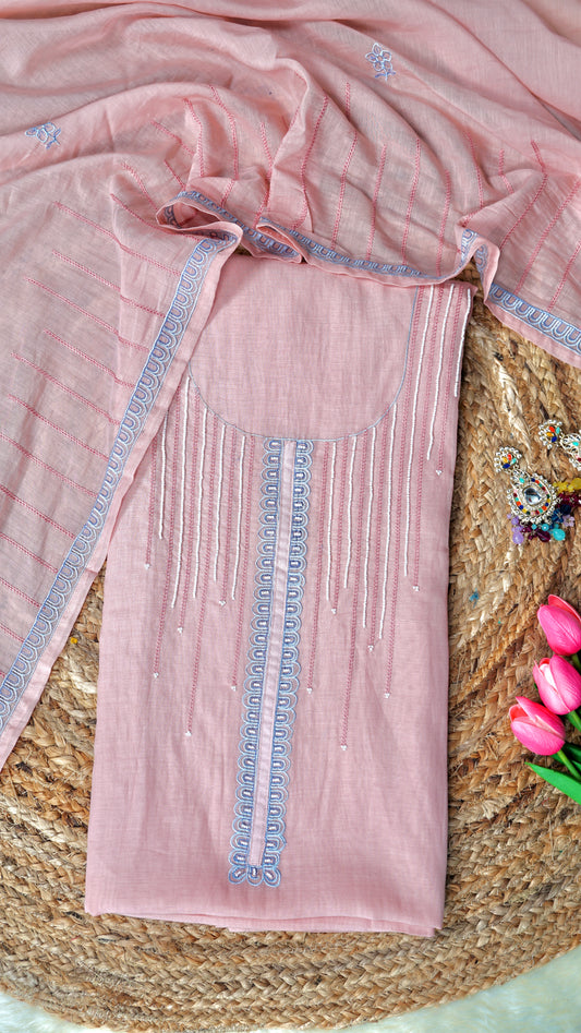 Peach Pearl Whim – Peach Mulmul Chanderi Unstitched Thread & Appliqué Embroidered Suit Set