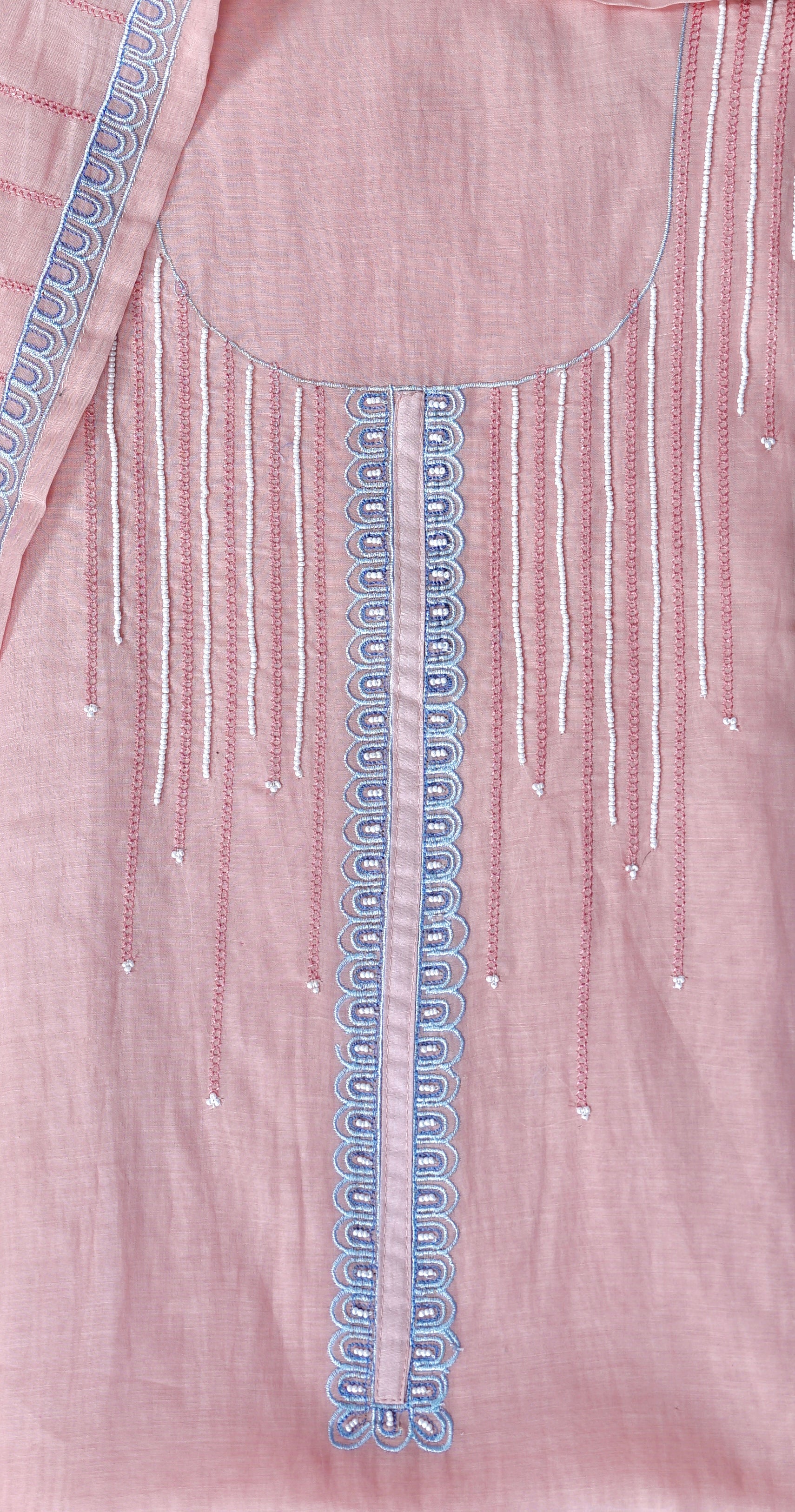 Peach Pearl Whim – Peach Mulmul Chanderi Unstitched Thread & Appliqué Embroidered Suit Set