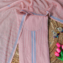 Peach Pearl Whim – Peach Mulmul Chanderi Unstitched Thread & Appliqué Embroidered Suit Set