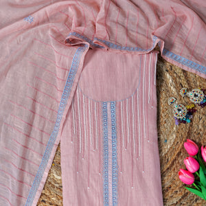 Peach Pearl Whim – Peach Mulmul Chanderi Unstitched Thread & Appliqué Embroidered Suit Set