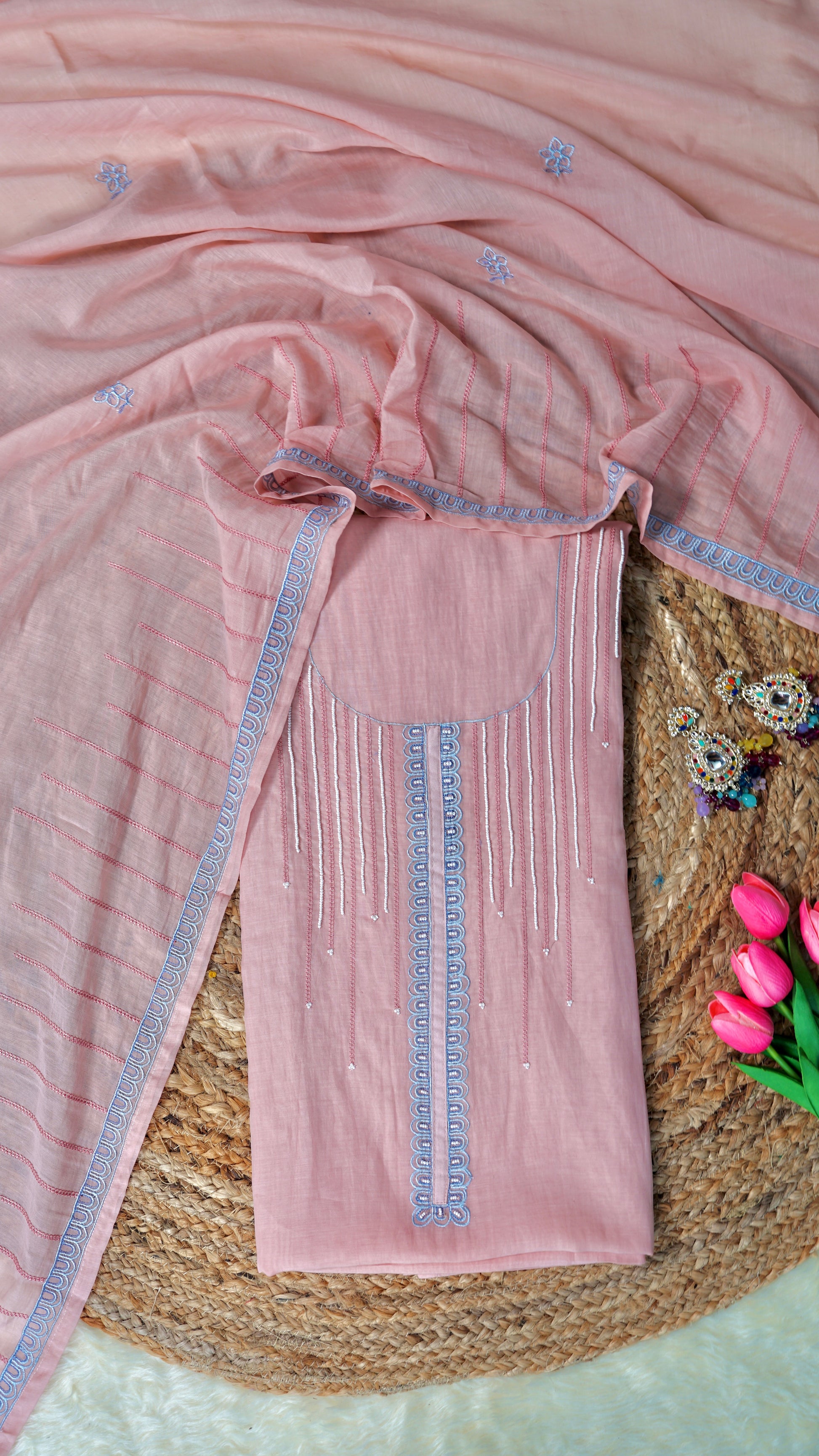 Peach Pearl Whim – Peach Mulmul Chanderi Unstitched Thread & Appliqué Embroidered Suit Set