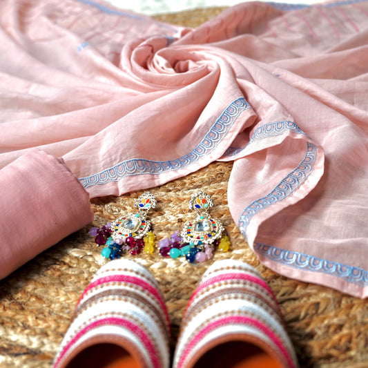 Peach Pearl Whim – Peach Mulmul Chanderi Unstitched Thread & Appliqué Embroidered Suit Set