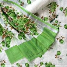 Gulbahaar – White Linen Unstitched Floral Suit Set in Green & Brown