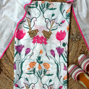 Phoolvika – White Linen Unstitched Floral Suit Set with Multicolor Print