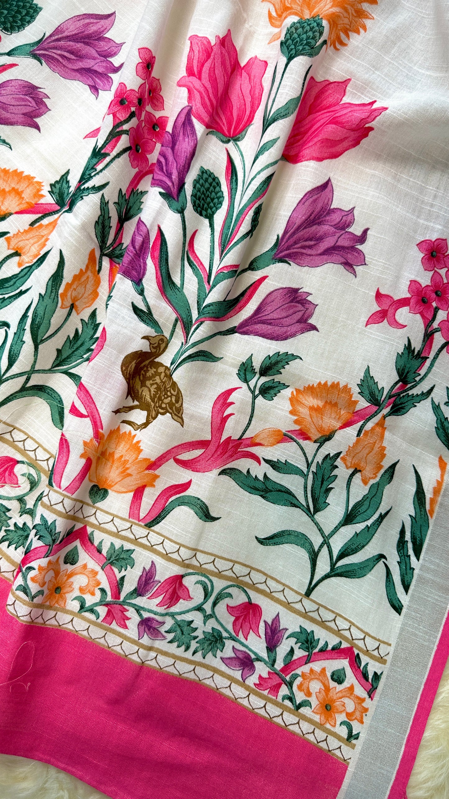 Phoolvika – White Linen Unstitched Floral Suit Set with Multicolor Print