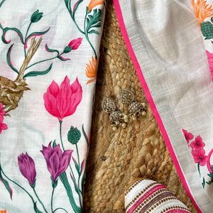 Phoolvika – White Linen Unstitched Floral Suit Set with Multicolor Print