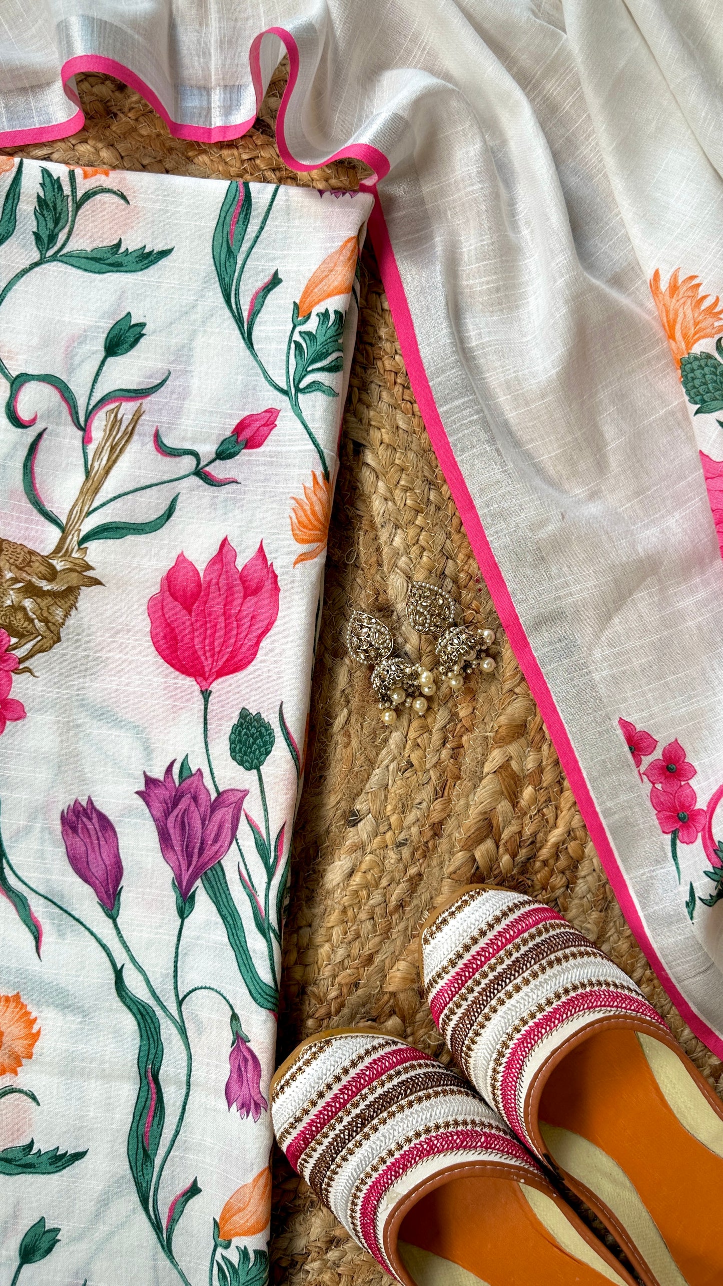 Phoolvika – White Linen Unstitched Floral Suit Set with Multicolor Print