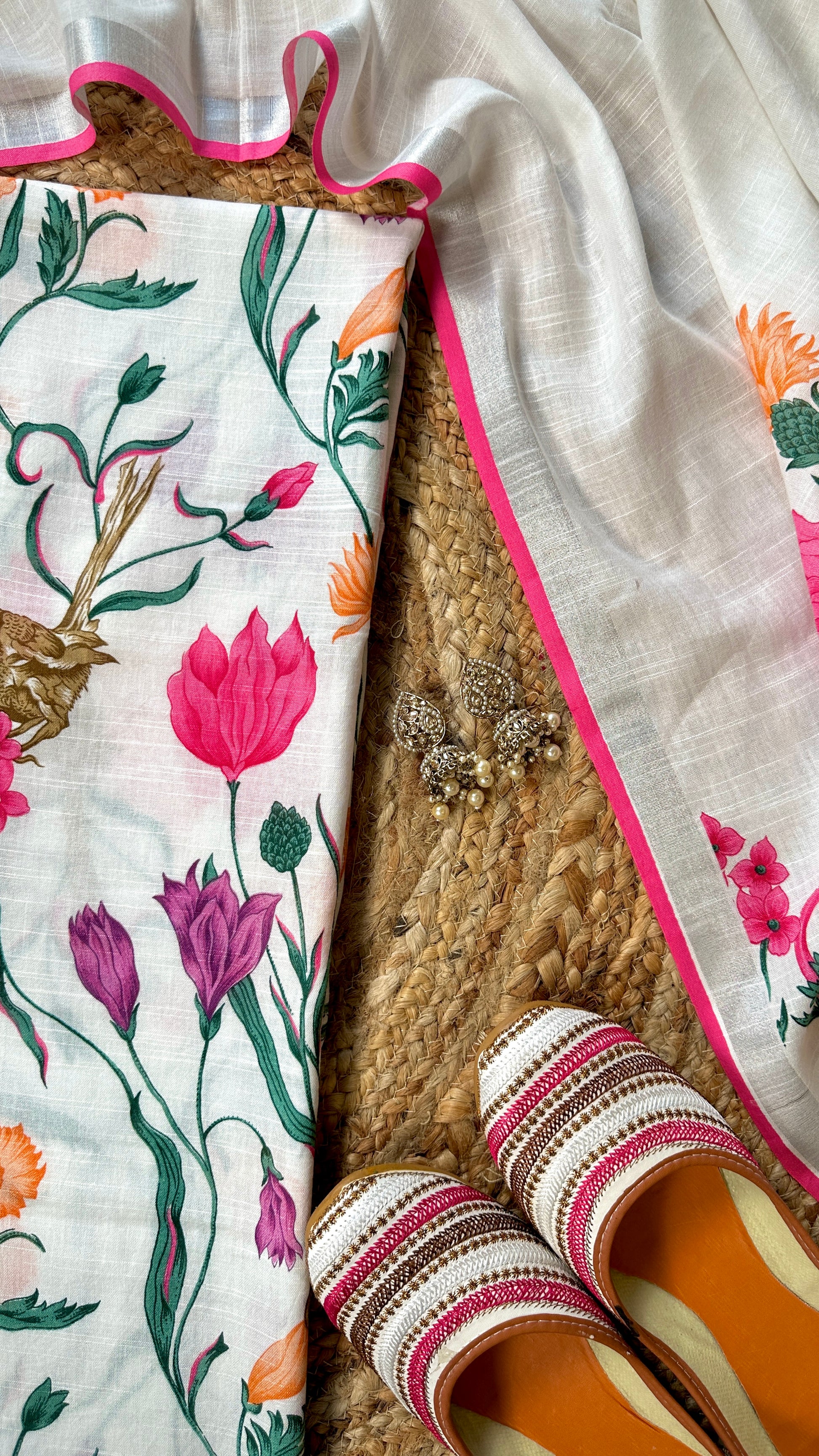 Phoolvika – White Linen Unstitched Floral Suit Set with Multicolor Print