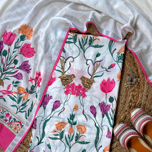 Phoolvika – White Linen Unstitched Floral Suit Set with Multicolor Print
