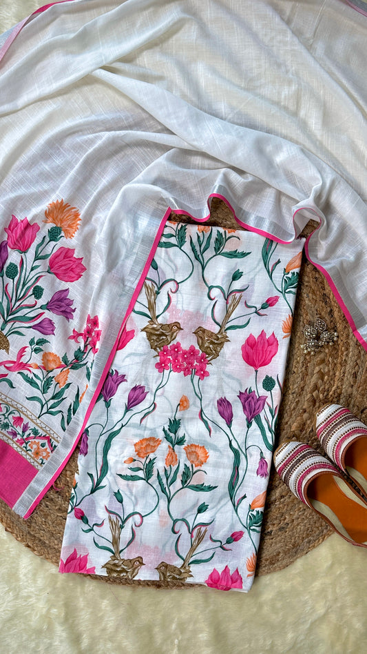 Phoolvika – White Linen Unstitched Floral Suit Set with Multicolor Print