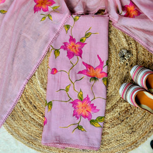 Meher – Pink Mulmul Chanderi Unstitched Handpaint & Pitta Work Embroidered Suit Set