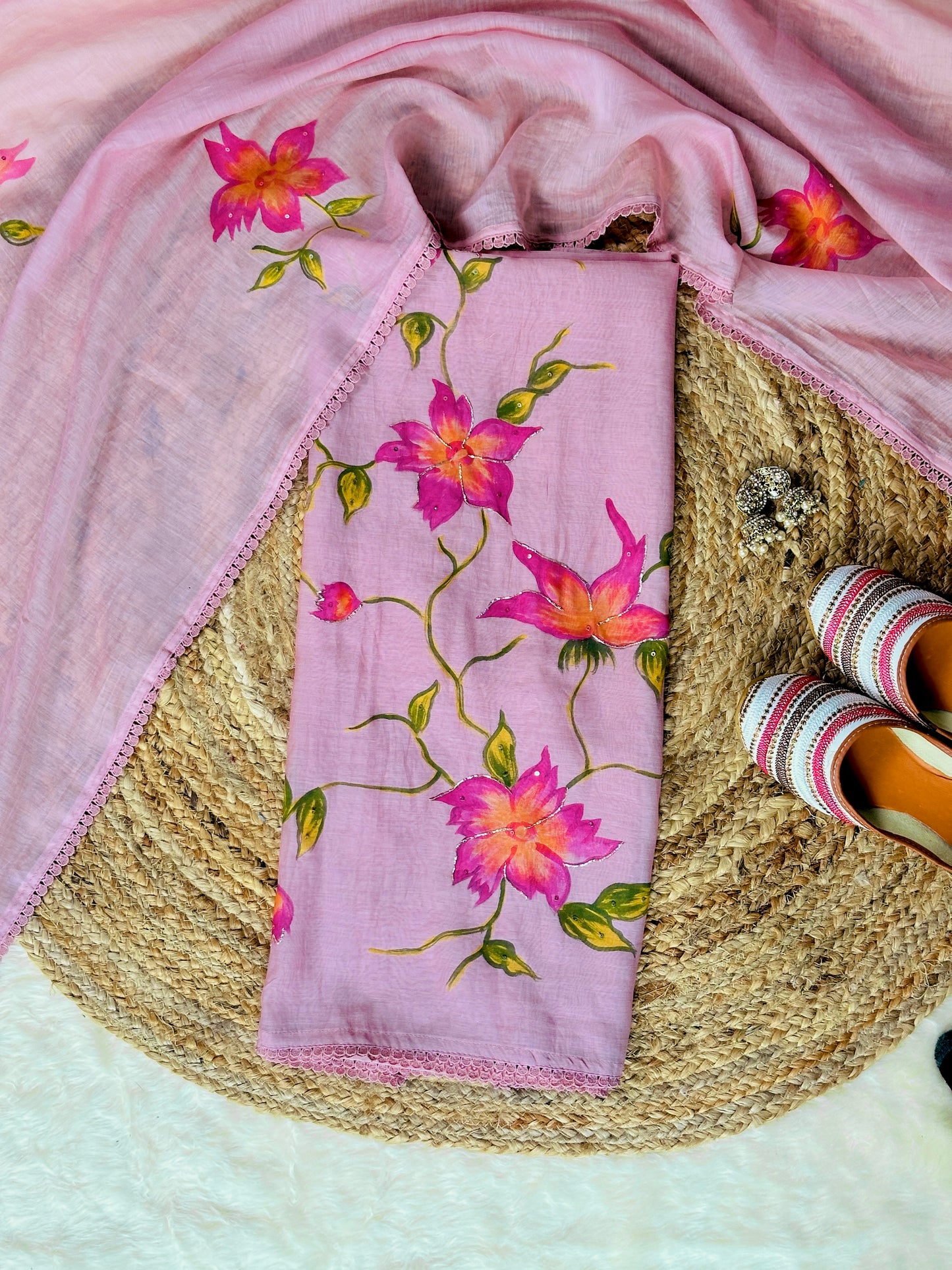 Meher – Pink Mulmul Chanderi Unstitched Handpaint & Pitta Work Embroidered Suit Set