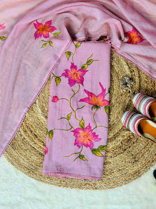 Meher – Pink Mulmul Chanderi Unstitched Handpaint & Pitta Work Embroidered Suit Set