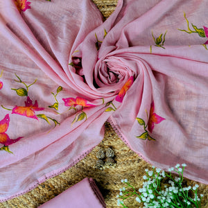 Meher – Pink Mulmul Chanderi Unstitched Handpaint & Pitta Work Embroidered Suit Set