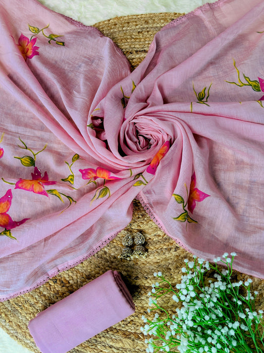 Meher – Pink Mulmul Chanderi Unstitched Handpaint & Pitta Work Embroidered Suit Set